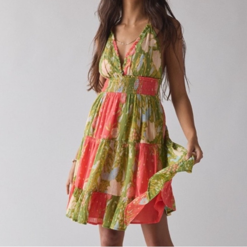 🟤NWT KIMCHI BLUE Phoebe Cotton Open-Back Halter Knee Length Dress in Green/Coral